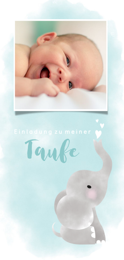 Taufkarten - Aquarell Einladung zur Taufe mit Foto und Elefant