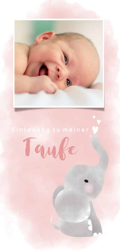 Taufkarten - Aquarell Einladung zur Taufe rosa mit Foto und Elefant