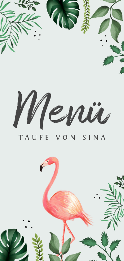 Taufkarten - Botanische Menükarte Taufe Flamingos und Blätter