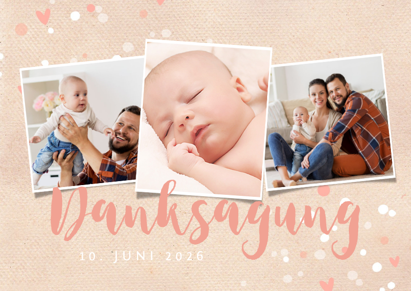Taufkarten - Dankeskarte zur Taufe Fotos, Punkte und Herzen