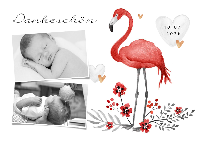 Taufkarten - Danksagung Taufe Fotos, Flamingo und Herzen