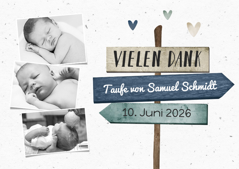 Taufkarten - Danksagung zur Taufe blau Fotos, Wegweiser und Herzen