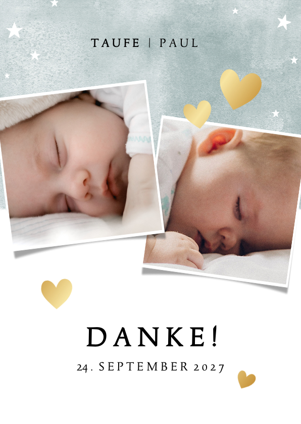 Danksagung zur Taufe blau mit Fotos und Herzen - Taufkarten Taufkarten - Danksagung zur Taufe blau mit Fotos und Herzen