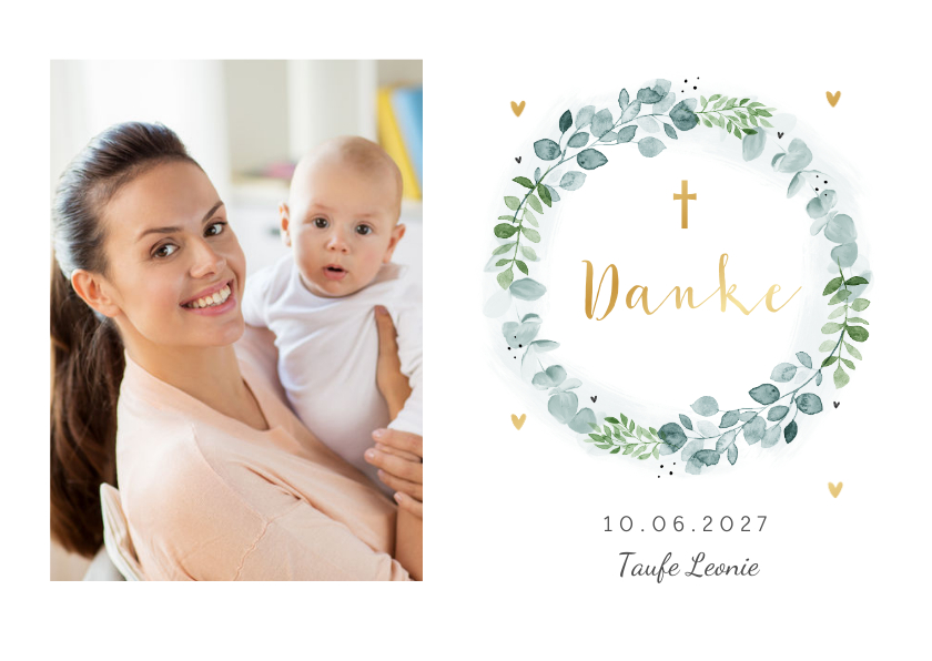 Danksagung zur Taufe Foto & botanischer Blumenkranz - Taufkarten Taufkarten - Danksagung zur Taufe Foto & botanischer Blumenkranz