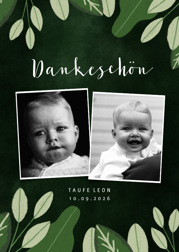 Taufkarten - Danksagung zur Taufe Fotos und Blätter botanisch