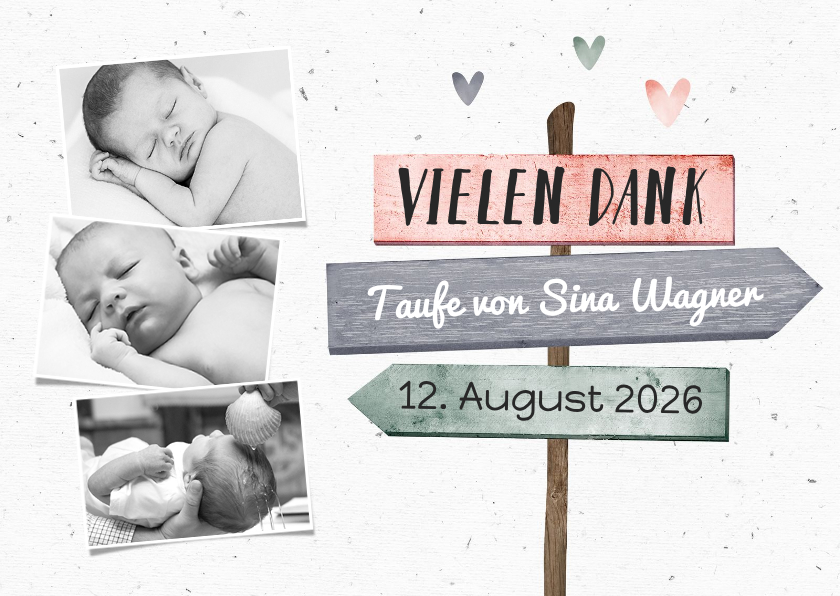 Taufkarten - Danksagung zur Taufe rosa Fotos, Wegweiser und Herzen