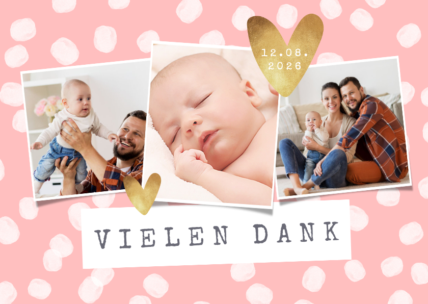 Taufkarten - Danksagung zur Taufe rosa mit Punkten und Fotos