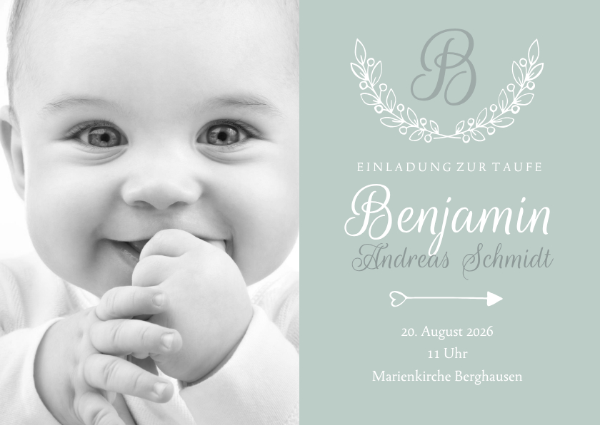 Einladung Taufe klassisch blaugrün eigenes Foto - Taufkarten Taufkarten - Einladung Taufe klassisch blaugrün eigenes Foto