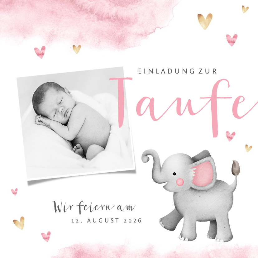 Taufkarten - Einladung zur Taufe Aquarell mit Foto, Herzen und Elefant
