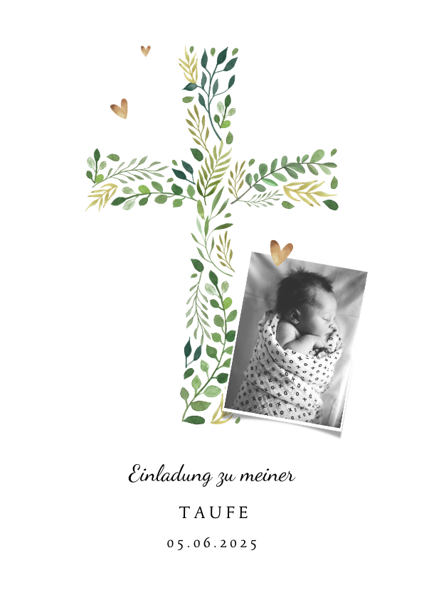 Taufkarten - Einladung zur Taufe botanisches Kreuz und Foto
