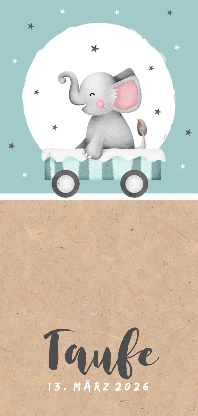 Taufkarten - Einladung zur Taufe Elefant in Wagen blau