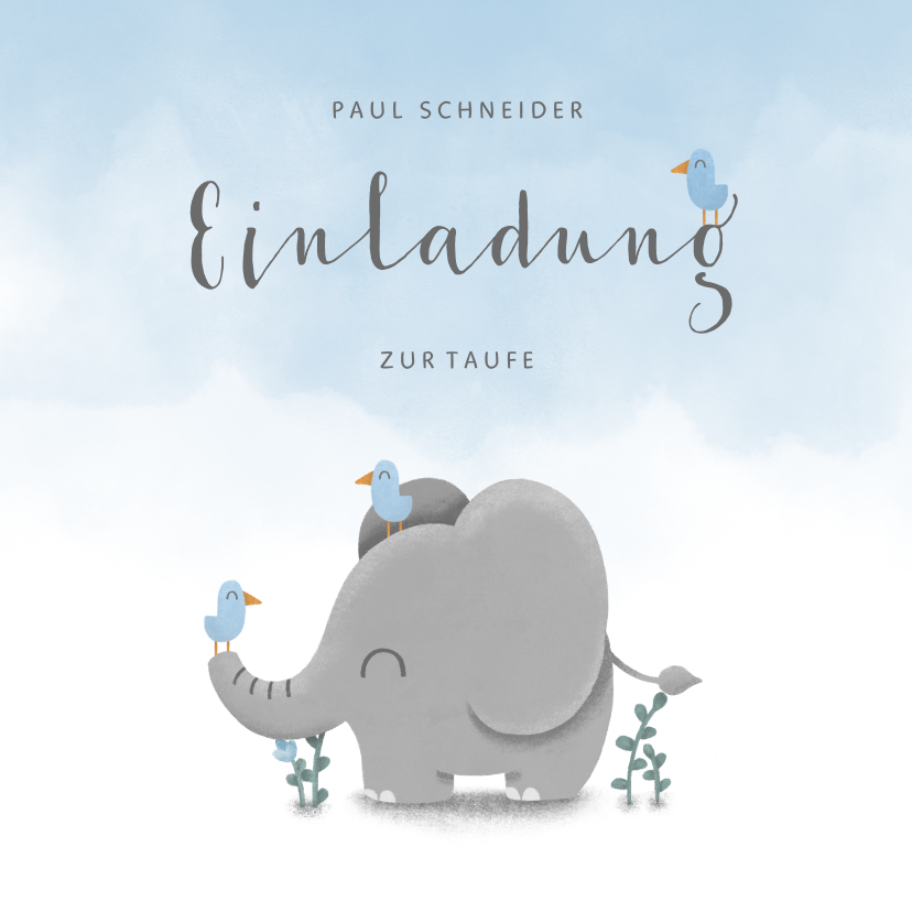 Taufkarten - Einladung zur Taufe Elefant & Vögel blau