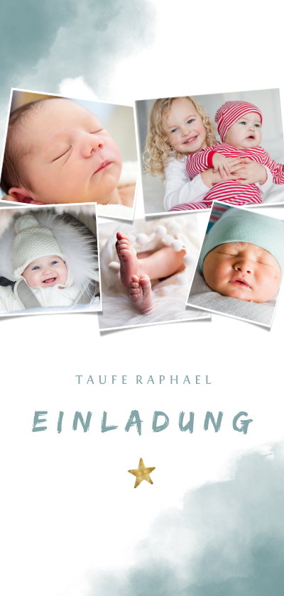 Taufkarten - Einladung zur Taufe Fotocollage blaues Aquarell