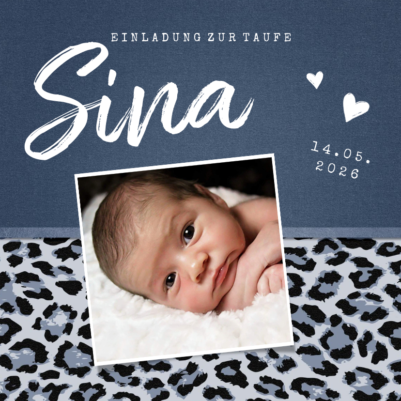 Taufkarten - Einladung zur Taufe mit Foto und Leopardenmuster