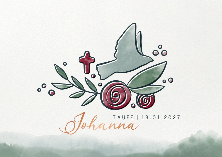 Taufkarten - Einladung zur Taufe mit Taube und Rosen