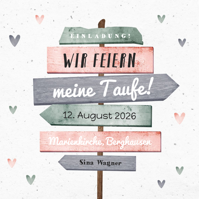 Taufkarten - Einladung zur Taufe rosa Wegweiser und Herzen