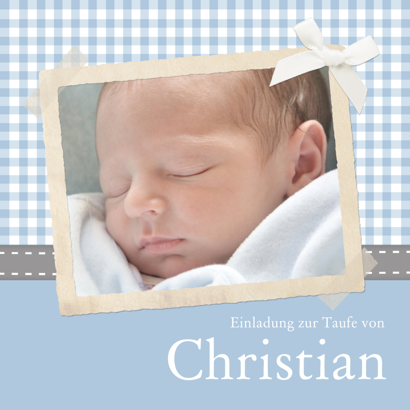 Taufkarten - Einladungskarte Taufe Foto und Karos blau