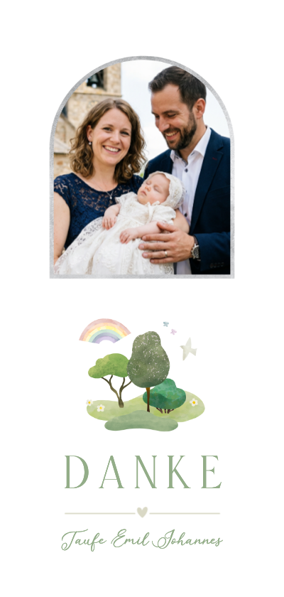 Taufkarten - Foto-Dankeskarte Taufe Bäume, Regenbogen & Taube