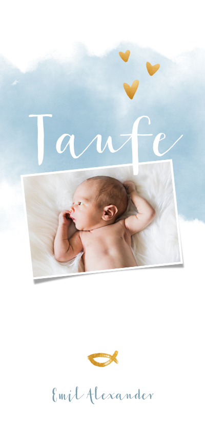Taufkarten - Hippe Einladung zur Taufe Foto & blaue Wasserfarbe 