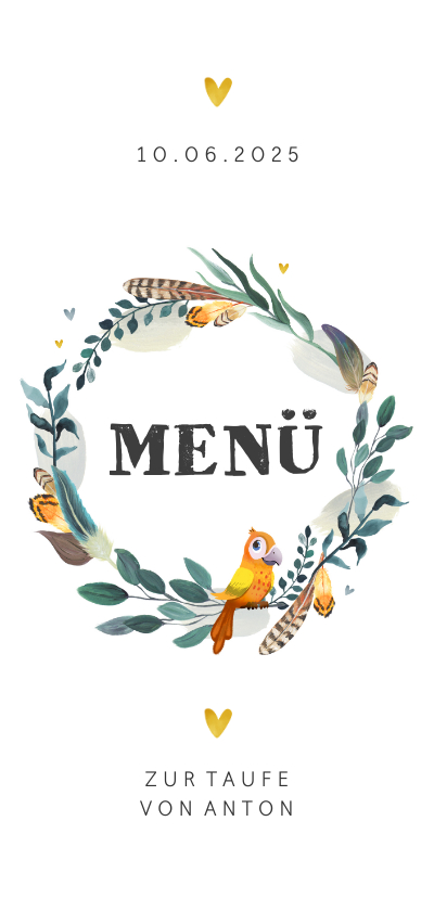 Taufkarten - Menükarte Taufe Feder-Blumenkranz und Vogel