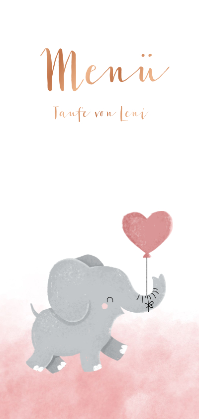Taufkarten - Menükarte Taufe rosa Aquarell Elefant mit Luftballon