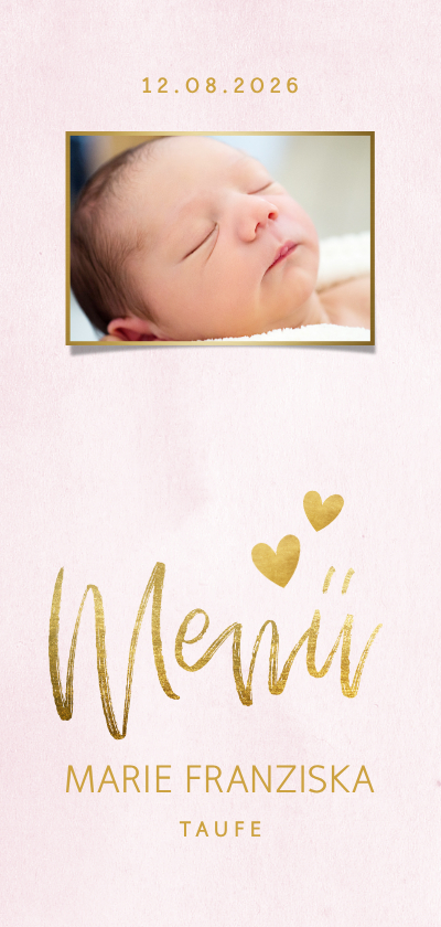 Taufkarten - Menükarte Taufe rosa Foto & Goldherzen