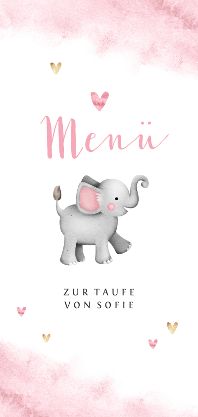 Taufkarten - Menükarte zur Taufe Aquarell, Herzen und Elefant