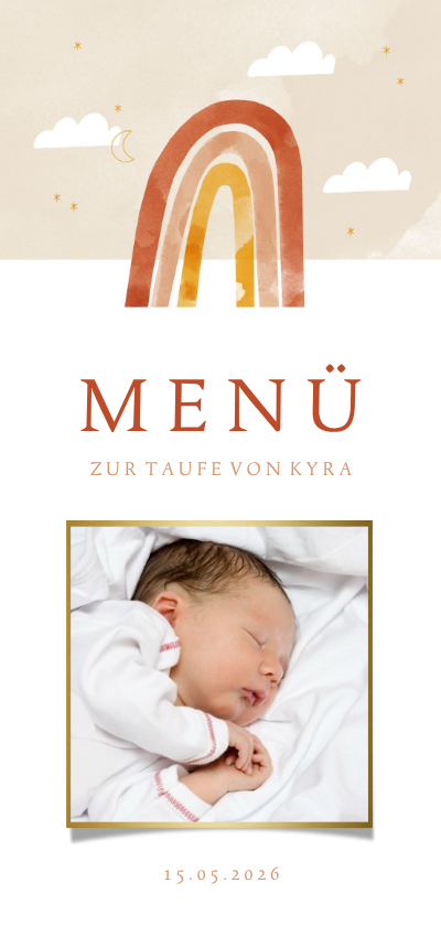 Menükarte zur Taufe Foto & Regenbogen orange - Taufkarten Taufkarten - Menükarte zur Taufe Foto & Regenbogen orange
