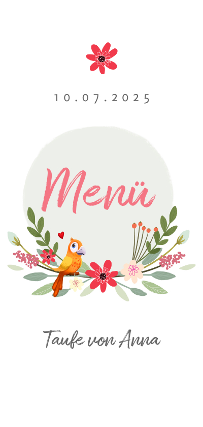Taufkarten - Taufe Menükarte mit Blumen und Vogel