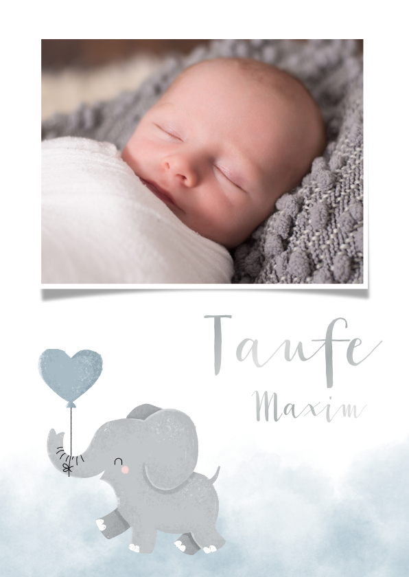 Taufeinladung blau Aquarell Elefant mit Luftballon & Foto - Taufkarten Taufkarten - Taufeinladung blau Aquarell Elefant mit Luftballon & Foto