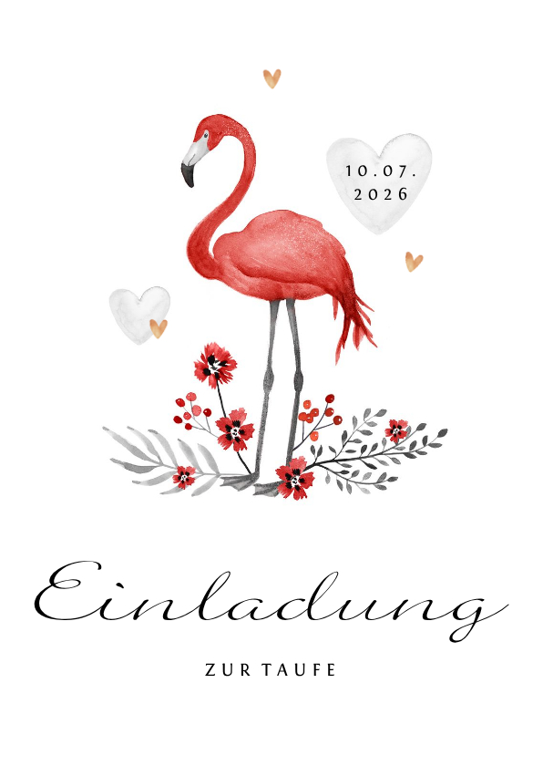 Taufkarten - Taufeinladung Flamingo, Blumen und Herzen