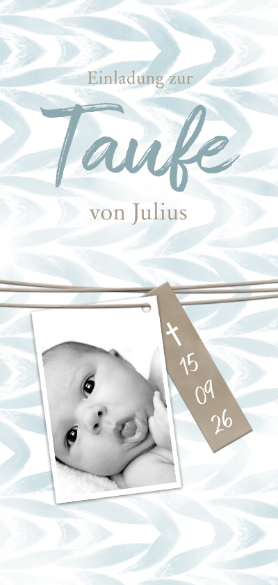 Taufkarten - Taufeinladung Foto an Schnur blaues Muster