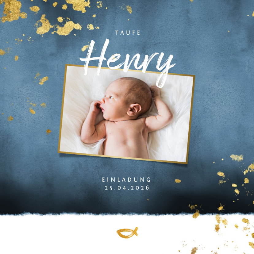 Taufkarten - Taufeinladung Foto Goldfisch dunkelblau Aquarell