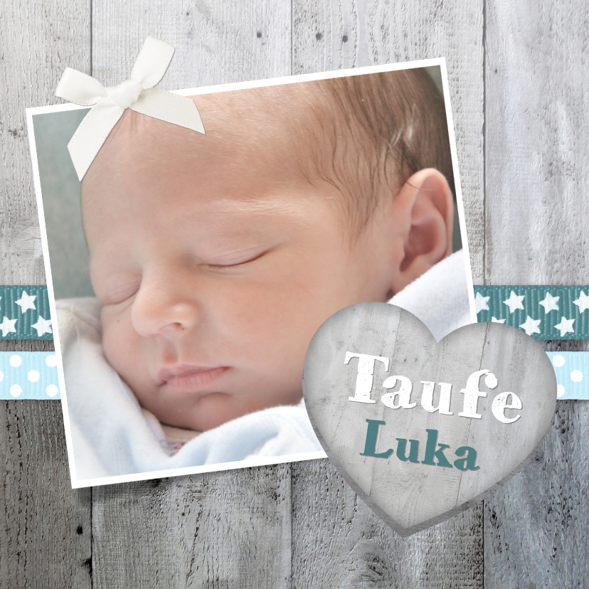Taufkarten - Taufeinladung Foto und Holzherz blaue Bänder