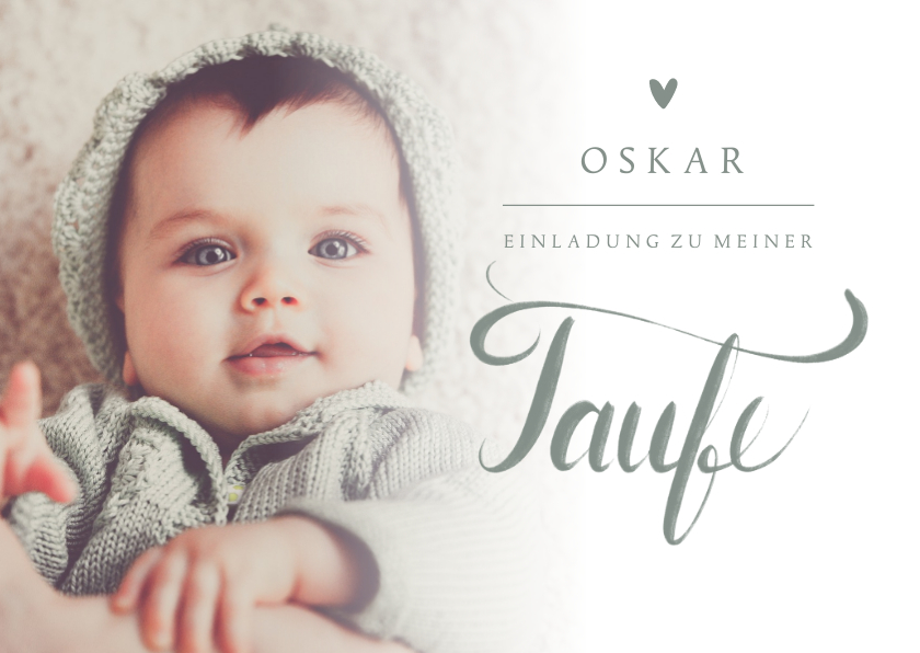 Taufkarten - Taufeinladung Foto & Schreibschrift graugrün