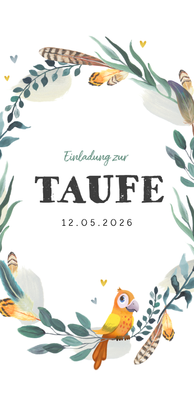 Taufkarten - Taufeinladung mit Feder-Blumenkranz und Vogel
