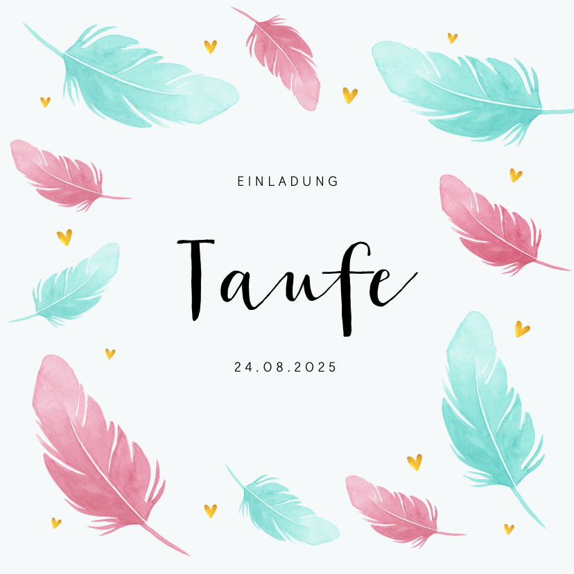 Taufkarten - Taufeinladung mit Federn in rosa und blau