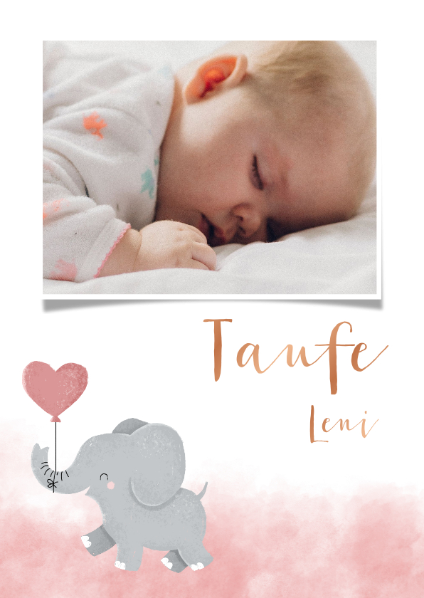 Taufkarten - Taufeinladung rosa Aquarell Elefant mit Luftballon & Foto