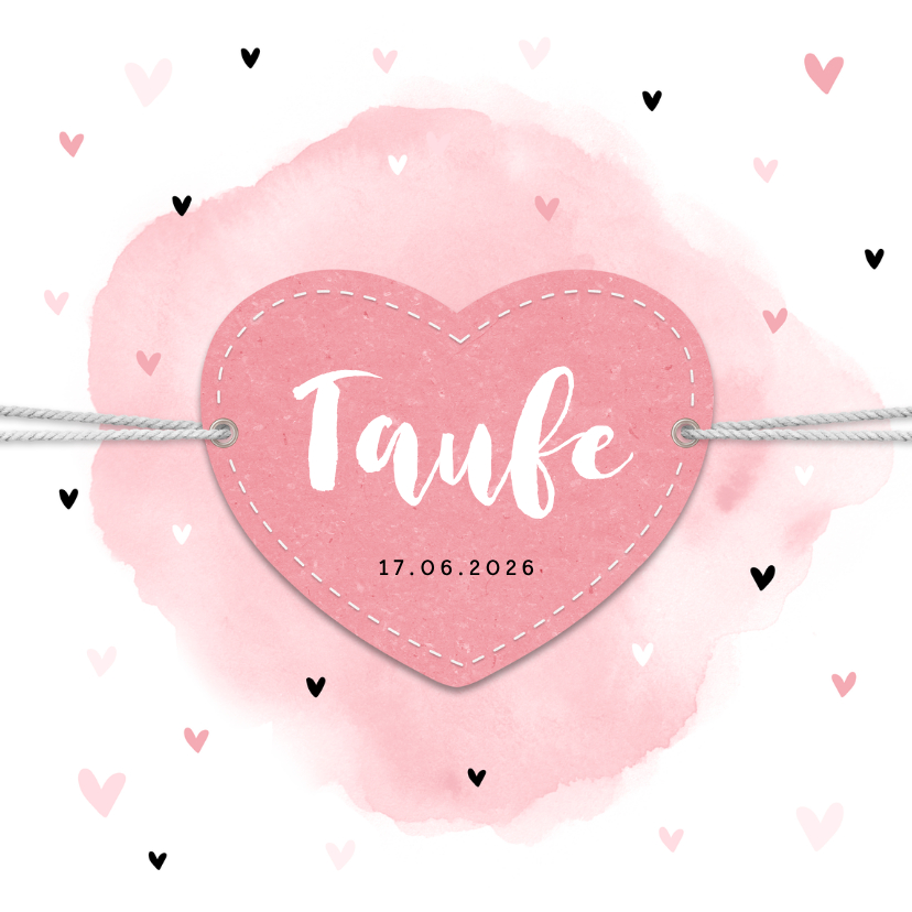 Taufkarten - Taufeinladung rosa Aquarell mit Herzen Foto innen