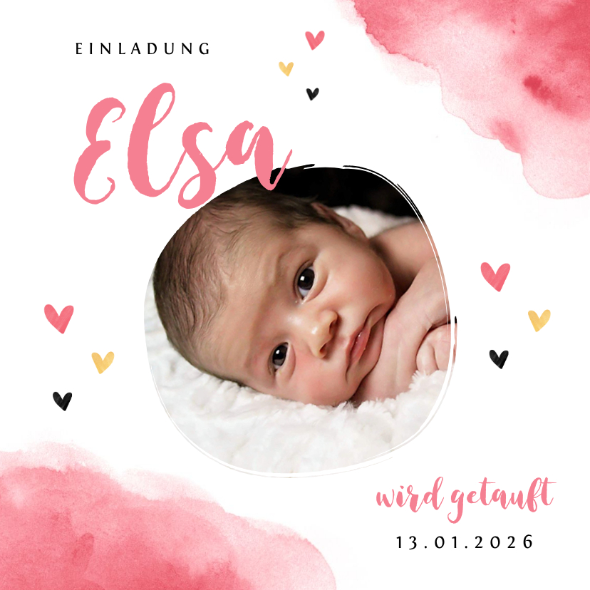 Taufeinladung rosa Wasserfarbe mit Foto und Herzchen - Taufkarten Taufkarten - Taufeinladung rosa Wasserfarbe mit Foto und Herzchen