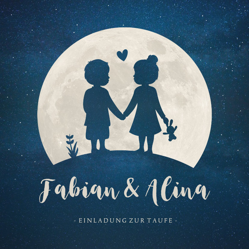 Taufkarten - Taufeinladung Zwilling Junge Mädchen Silhouette mit Mond