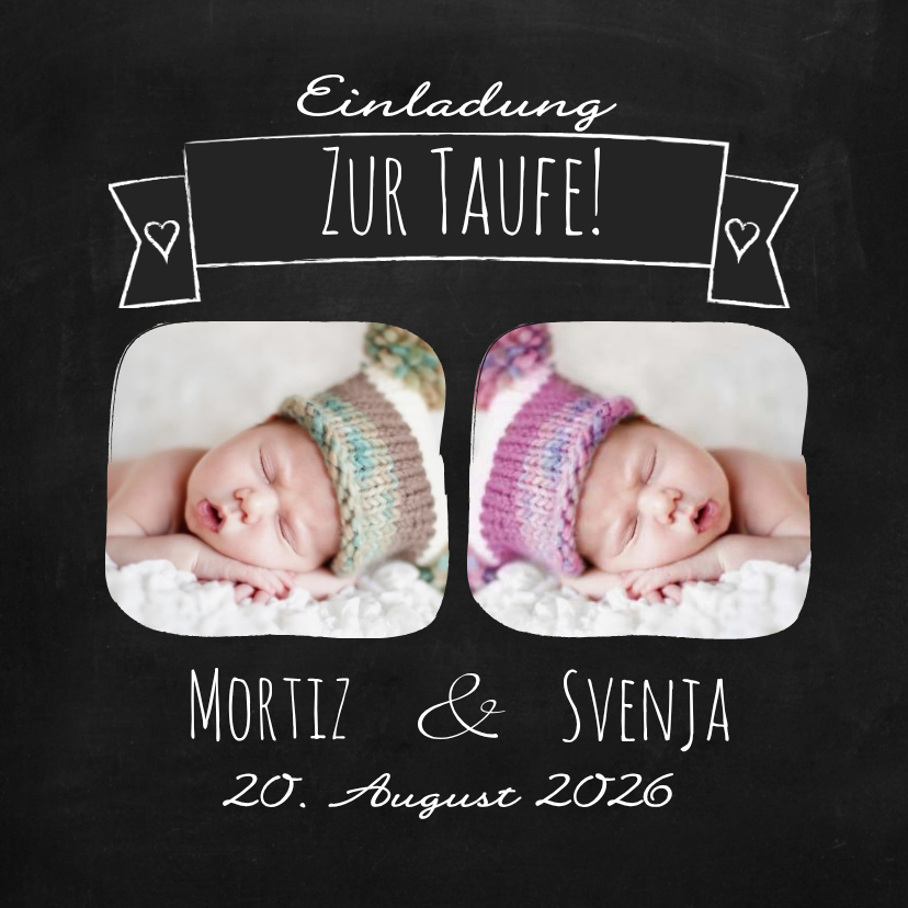 Taufkarten - Taufeinladung Zwillinge im Kreidelook mit Fotos