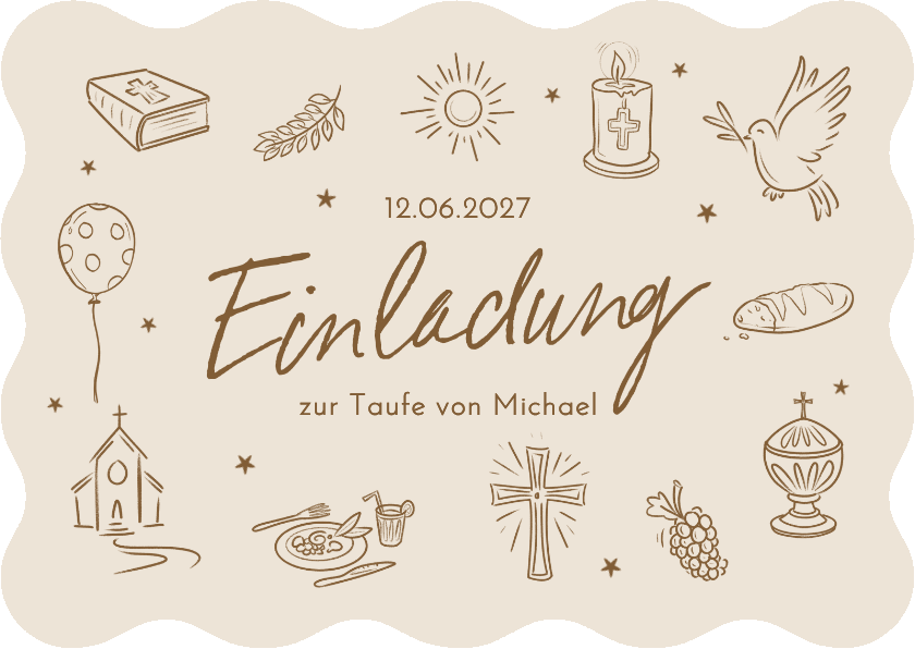 Taufkarte Wellenrand Einladung Doodles braun - Taufkarten Taufkarten - Taufkarte Wellenrand Einladung Doodles braun