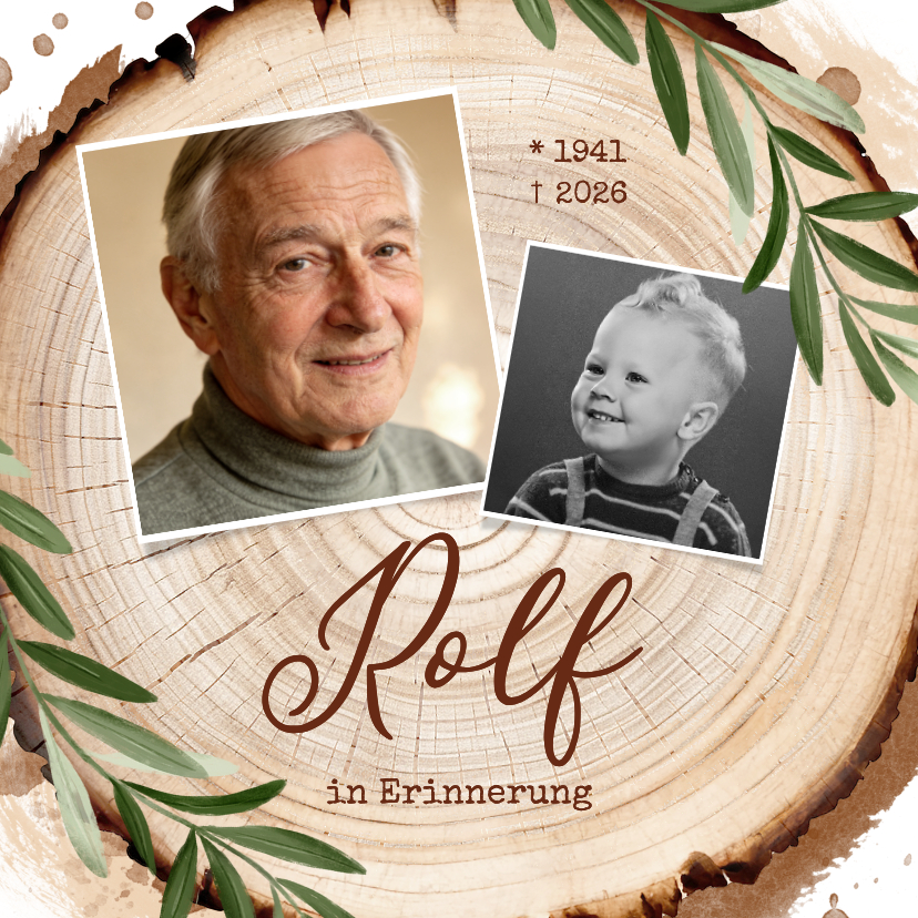 Trauerkarten - Trauerkarte Fotocollage Holzstamm mit Zweigen Trauerfeier