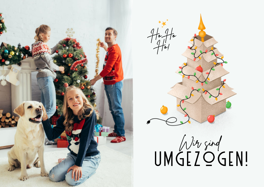 Umzugs-Weihnachtskarte mit Lichterkette um Kartons - Umzugskarten Umzugskarten - Umzugs-Weihnachtskarte mit Lichterkette um Kartons