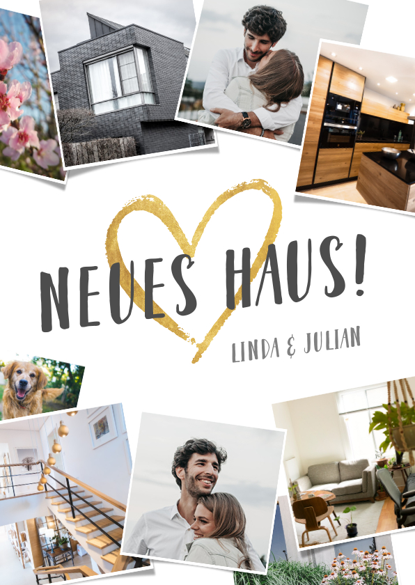Umzugskarte Fotocollage und goldenes Herz - Umzugskarten Umzugskarten - Umzugskarte Fotocollage und goldenes Herz