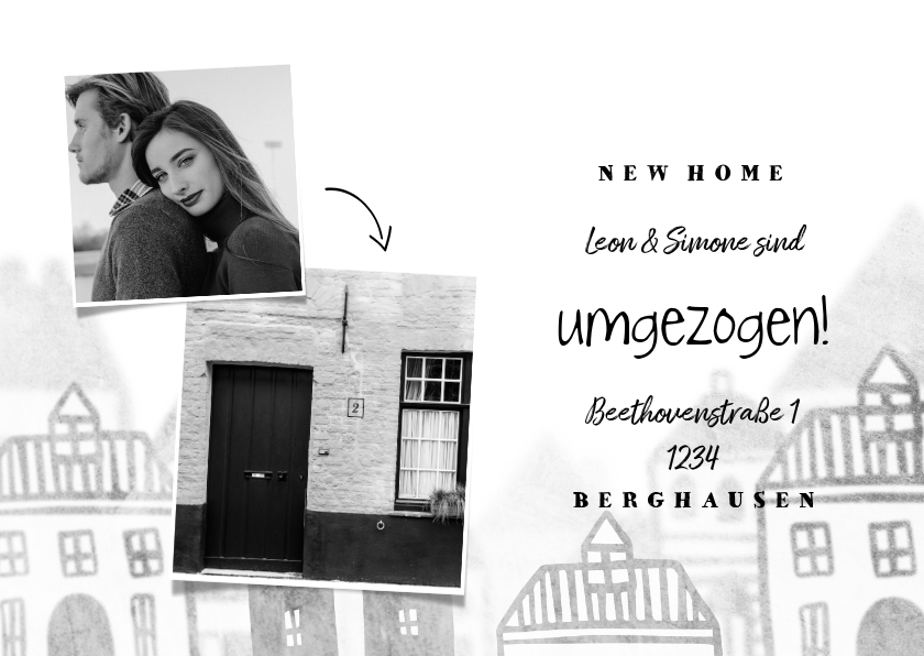 Umzugskarte mit Fotos und Häusern im Hintergrund - Umzugskarten Umzugskarten - Umzugskarte mit Fotos und Häusern im Hintergrund