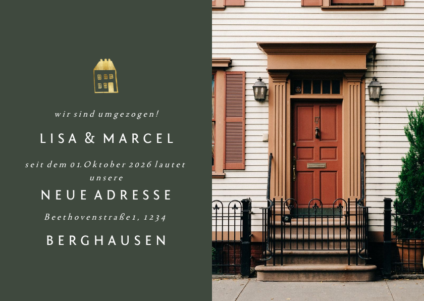 Umzugskarten - Umzugskarte mit großem Foto und goldenem Haus