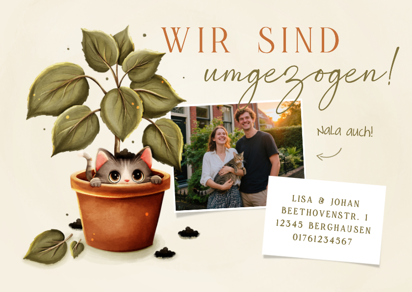 Umzugskarten - Umzugskarte Topfpflanze Tigerkatze mit Foto neue Adresse