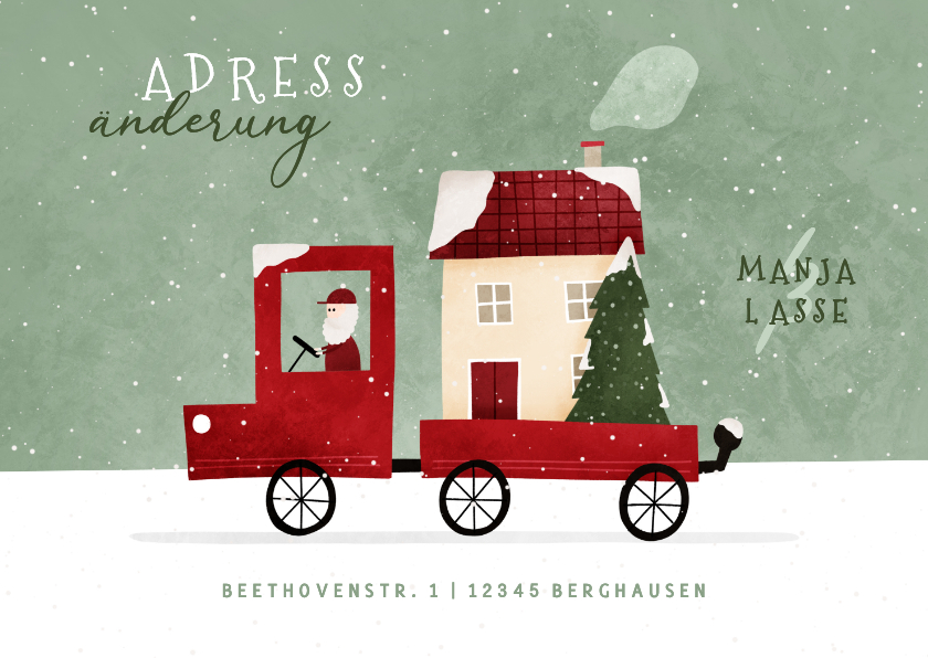 Umzugskarten - Weihnachtliche Umzugskarte mit Haus auf Anhänger